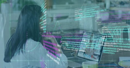 Poster - Animation of data processing s against rear view of a woman having a video conference on laptop