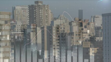 Poster - Animation of statistical data processing against aerial view of tall buildings