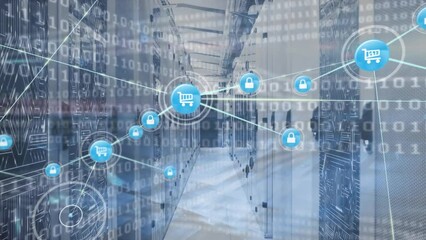 Canvas Print - Animation of network of digital icons, binary coding, microprocessor connections against server room