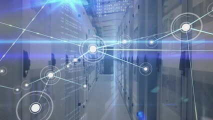Poster - Animation of network of connections, blue light trails and data processing against server room