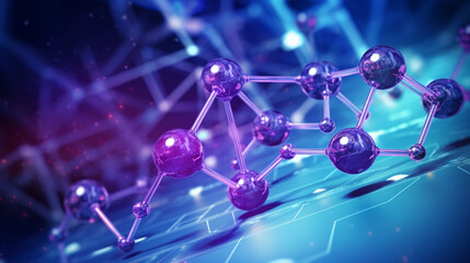 a chemical structure and, in the style of light navy and purple, futuristic chromatic waves and scientific diagrams