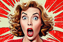 Pin Up, Pop Art Retro Surprised, Astonished, Shocked, Funky Open-mouthed Young Blonde Woman With Wow Face, Comic Kitsch Cartoon Vintage Style Portrait.