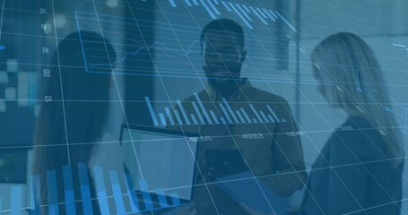 Poster - Animation of graphs and changing numbers, diverse coworkers discussing while standing in office