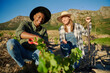 Young multiracial couple in casual clothing crouching by plants with gardening equipment on farm