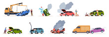 Road Traffic Accidents. Affected Cars And People, Rules Violation, Vehicles Collisions, Injured Drivers And Passengers, Car Evacuation, Burning Transport Nowaday Vector Cartoon Flat Set