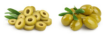 Green Olives With Leaves Isolated On A White Background With Full Depth Of Field.