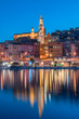 Cityscape of Menton at night, a historic town in the Provence-Alpes-Côte d'Azur region on the French Riviera