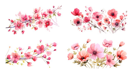 Wall Mural - Set watercolor elements of pink roses; collection garden flowers; leaves; branches. Botanic Wedding floral design. Collection of greenery leaf plant forest herbs tropical leaves.