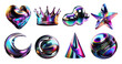 © Pavel - Holographic chrome icons set isolated. Trendy metal icons rendering png. Ai generated heart, crown, star and sphere