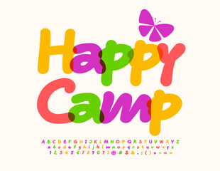 Vector advertising Banner Happy Camp. Bright Watercolor Font. Kids handwritten Alphabet Letters, Numbers and Symbols