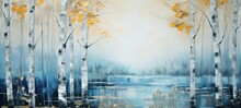 Abstract Art Acrylic Oil Painting Of Forest Birch Trees Landscape With Gold Details And Reflection Of Water From A Lake (Generative Ai)