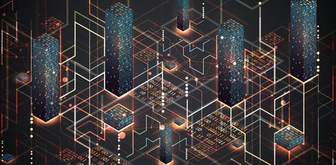 Wall Mural - Isometric big data processing concept, cloud database. Abstract technology background.