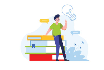 Poster - Idea concept with people scene in the flat cartoon design. The guy came up with a cool idea after reading a few books beforehand for inspiration. Vector illustration.