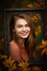 a gorgeous young woman smiling at you while holding a frame