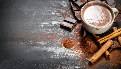 Wall Mural - Aromatic cocoa drink with cinnamon and chocolate. On black rustic background