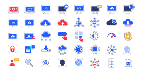 collection of computer and internet network icon set in outline style and solid color. website icon set pack