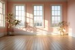 © Sahara 02 - An empty room with three window, pink beige wall and wood floors, with golden light coming in and making beautiful shades.