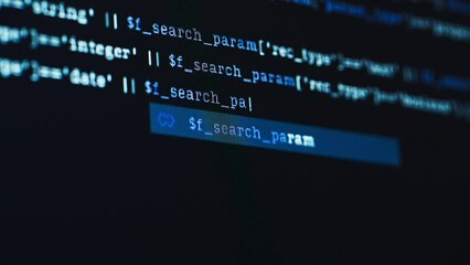 Poster - Macro Close Up of a Digital Screen Displaying Programming Text: Working Coding Terminal, Cyber Security Checkup, Monitoring Data, Statistics, Analytics and Proper Functioning of Server Database