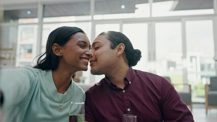 Wall Mural - Selfie, toast and kiss with a couple in the home together to celebrate their dating anniversary. Smile, champagne and success with young people in their new home after moving house for real estate