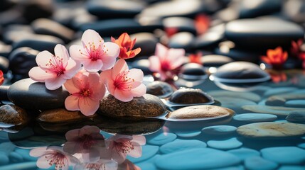 Canvas Print - Balance and relaxation background, balancing pebbles in water with flower 