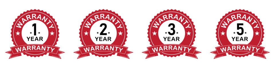 Set of warranty label sticker red, black and white color. 1, 2, 3, 5 years warranty label or seal flat icon set in red, black and white color vector illustration.