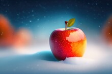 Beautiful Ruddy Red Apple On The Snow. Created By AI.