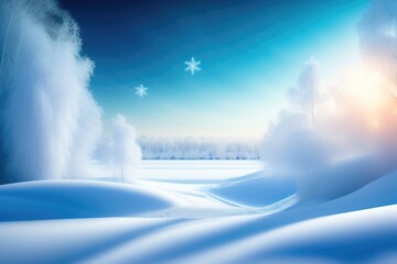 Aufkleber - Beautiful winter christmas soft fluffy snowy landscape with snowdrifts and trees in sunlight. Created by AI.