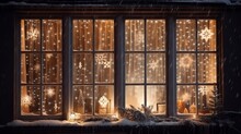 Vintage Window With Christmas Decorations, Lights, Snowflakes, Winter. Generative AI.