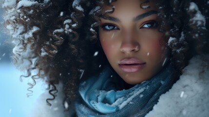 Beautiful african american woman with afro hairstyle in winter, cold winter snow photoshoot