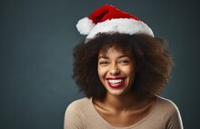 Beautiful African American Black Woman Wearing Santa Hat, Red Santa Hat, Christmas Portrait