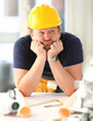 © H_Ko - Thoughtful dummy funny worker in yellow helmet posing thinking. Manual job workplace DIY inspiration improvement fix shop hard hat joinery startup idea industrial education profession career