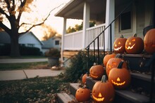 Front yard facade of a suburb house with a lot of halloween pumpkins. Soft evening light, autumn vibes. Y2K aesthetics. Slow living on autumn holidays 