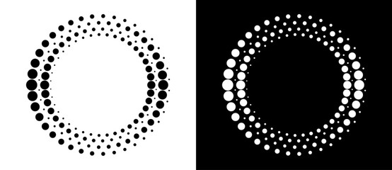 Poster - Modern abstract background. Halftone dots in circle form. Round logo. Vector dotted frame. Design element or icon. Black shape on a white background and the same white shape on the black side.