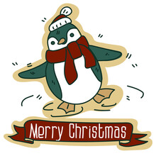 A Postcard With A Christmas Penguin In A Hat And Scarf Sliding On Ice, A Cartoon Christmas Vector Illustration. A Postcard For The Holiday In Retro Style. Cartoon Object