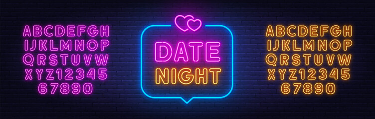 Poster - Date Night neon sign in the speech bubble on brick wall background.
