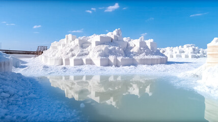 Sea salt farm. Pile of brine salt. Raw material of salt industrial. White salt harvesting. Agriculture industry. 