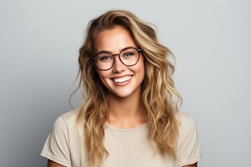 woman wearing glasses laughing and smiling on neutral background