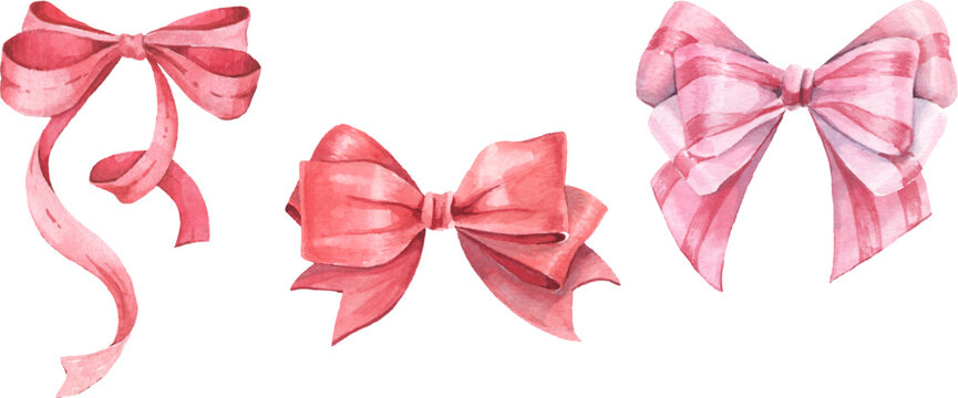 hand-drawn watercolor vector bows and ribbons. gift bows. christmas arrangement. festive red bow.. c