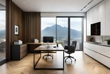 Fototapeta Perspektywa 3d - Modern home office interior with windows built in wooden shelves and laptop placed on desk