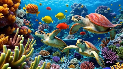  Exploring the Vibrant Underwater World with Turtles, Colorful Fish, and Coral Reefs ai generated