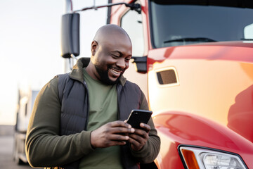 Portrait of a happy smiling African american truck driver standing by the truck and using his phone. 