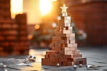 Creative New Year Card For Construction Workers. A Stack Of Bricks In The Shape Of A Christmas Tree