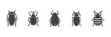 Black Vector Illustration Icon Of Insect Pest. Flying Insects And Beetles. Pest Icon Isolated On White Background, Insects Flat Icon Collection. Vector Illustration Of An Insect, Beetle, Cockroach,