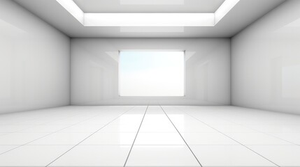 Aufkleber - 3d rendering of white empty space in room, Ceramic tile floor in perspective, window and ceiling strip light.