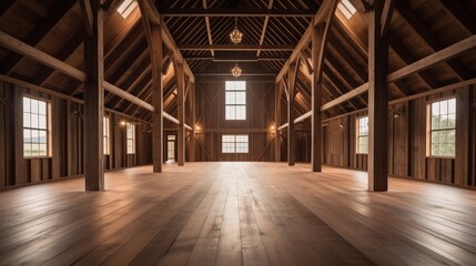 Poster - Interior design of a barn, Wooden structure, Home decor.