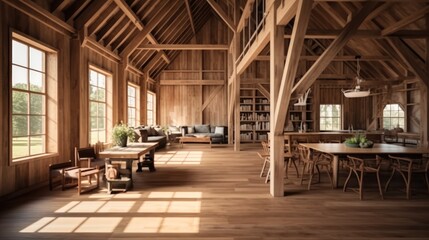 Poster - Interior design of a barn, Wooden structure, Home decor.