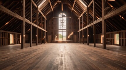 Poster - Interior design of a barn, Wooden structure, Home decor.