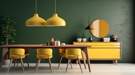 Sticker - Cozy House, wooden table and yellow chairs against green wall of modern dining room.