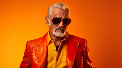 White bearded dreamer old man wear sunglass on red leather jacket & shirt with an yellow & orange gradient background.