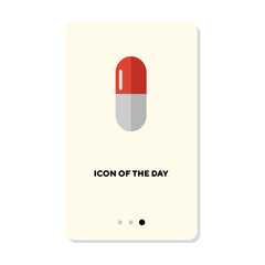 Poster - Advertising of red and white capsule flat icon. Vertical sign or vector illustration of pill, painkiller or drug. Medicine, medication, pharmacy, illness concept for web design and apps